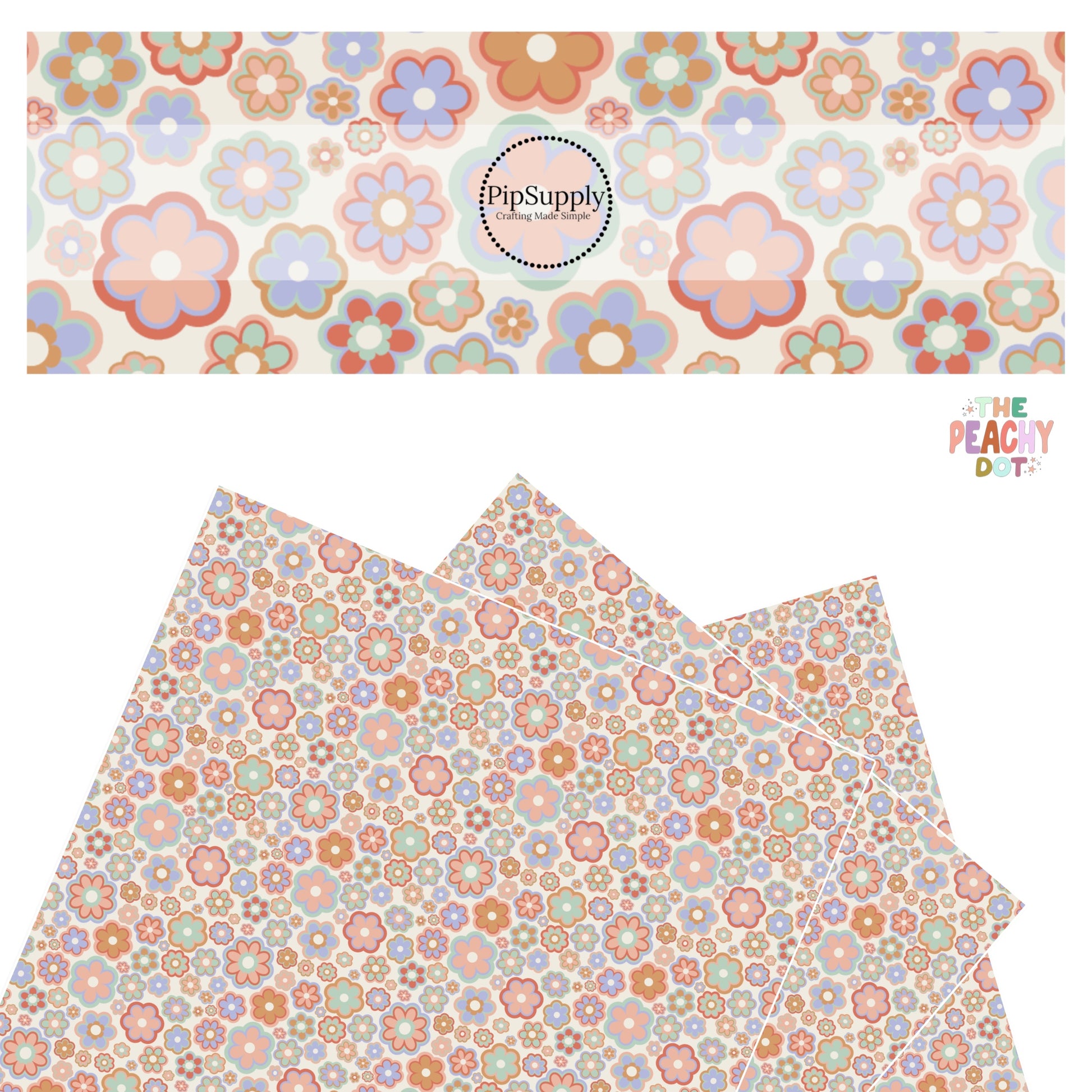 lavender, pink, peach, and mint flowers on light peach faux leather sheets