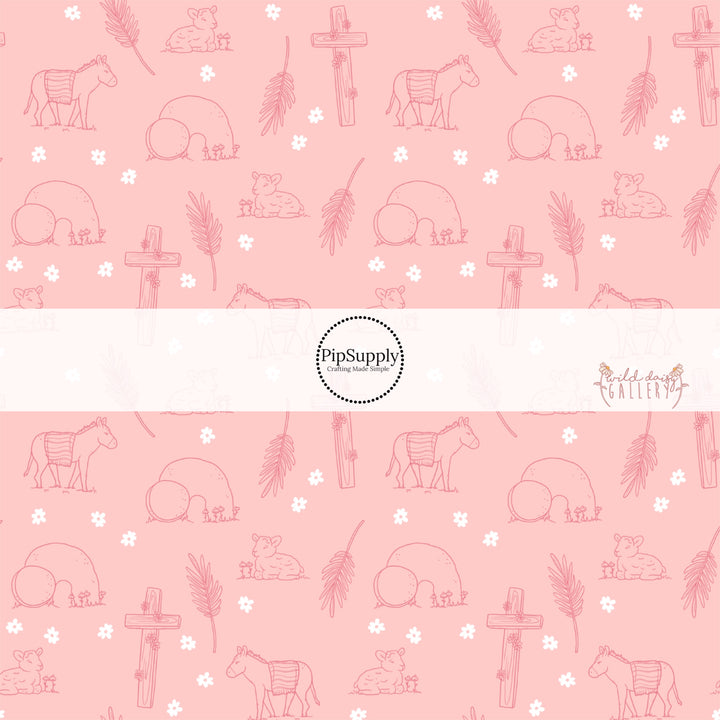 White flowers with wooden crosses and tomb with sheep and donkeys on light pink bow strips