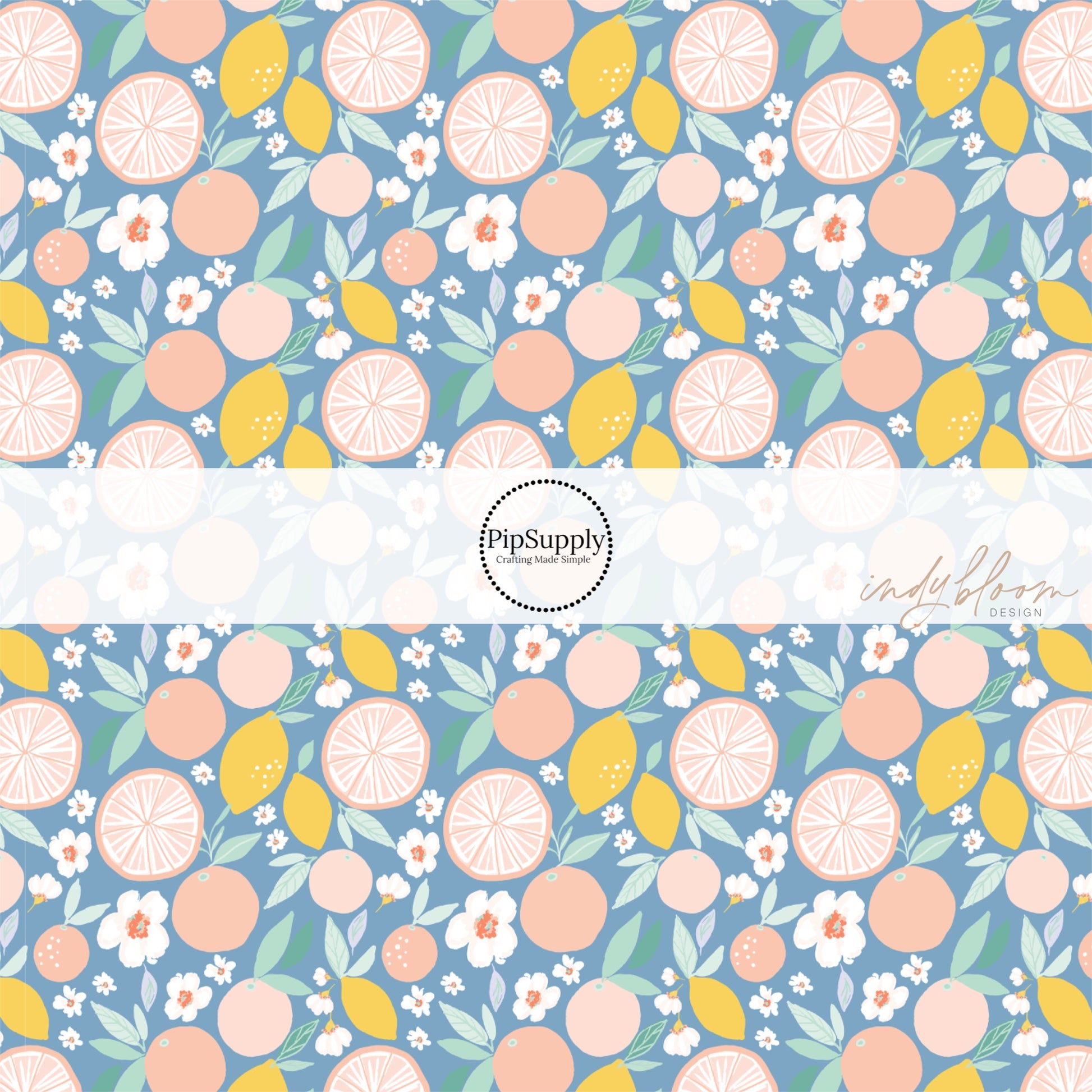  floral grapefruit and lemons on blue bow strips