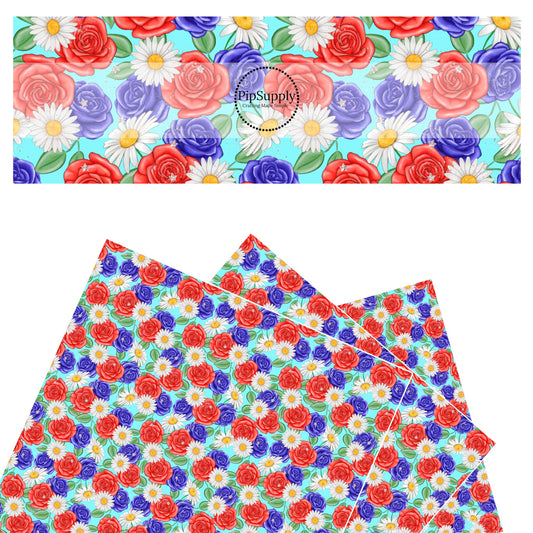White daisies, red and blue roses, and stars on aqua blue faux leather sheets