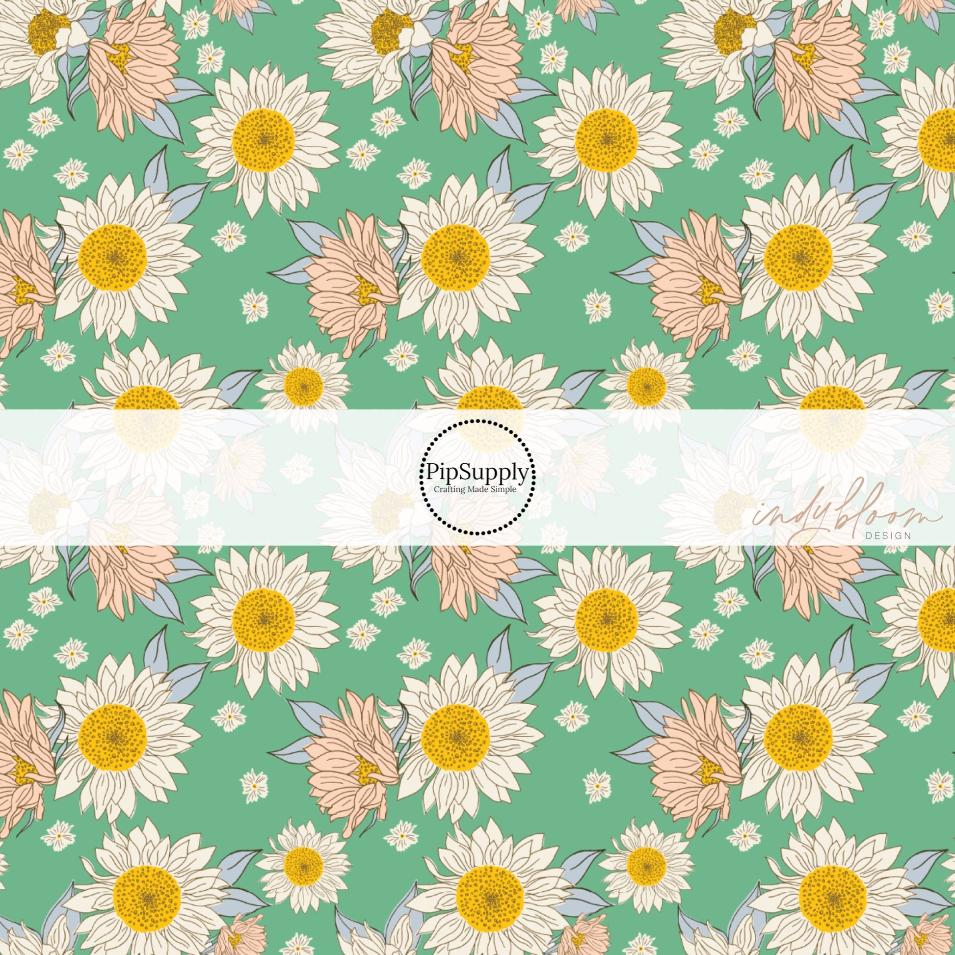 tiny white flowers with big cream and blush sunflowers on green bow strips