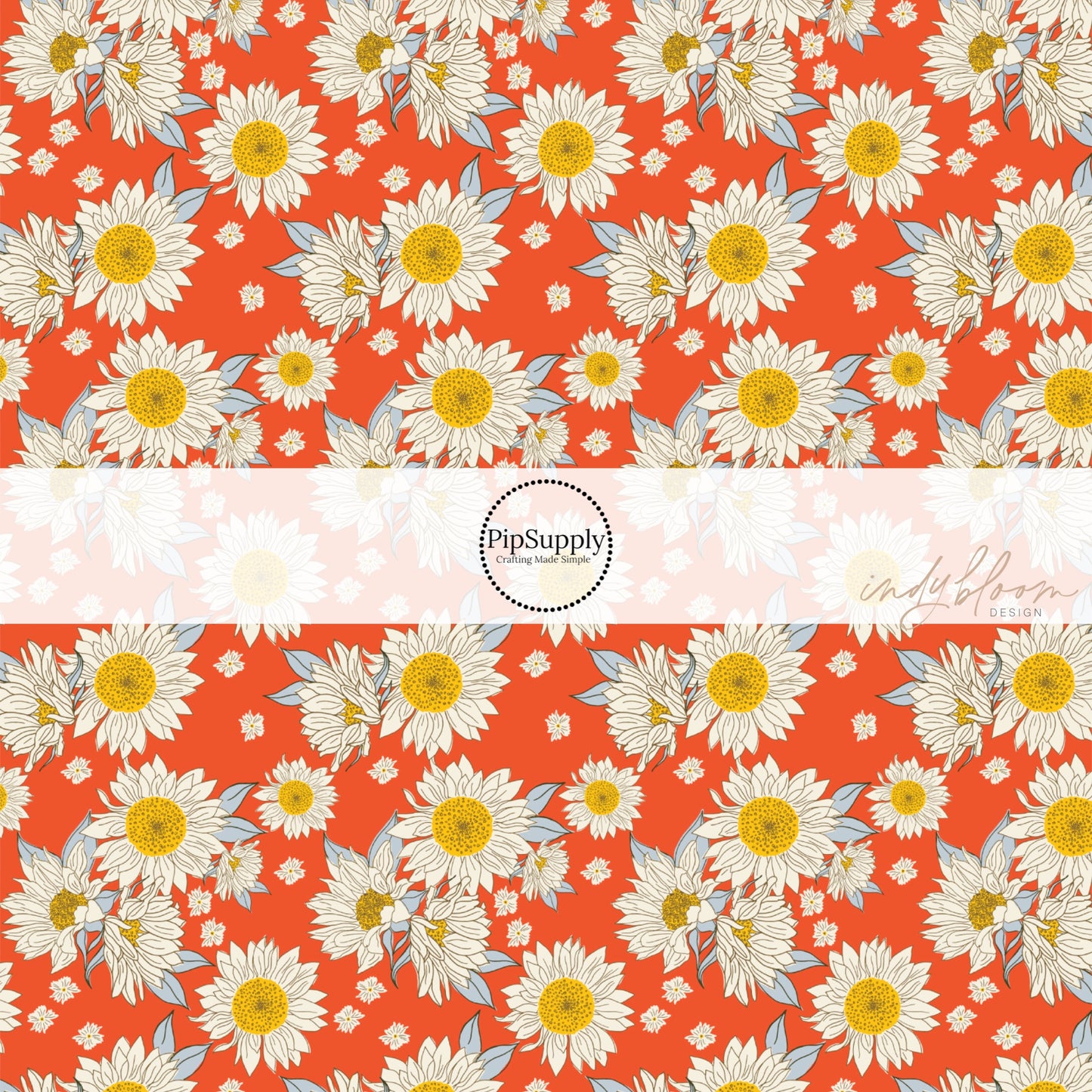 scattered cream sunflowers on bright red bow strips