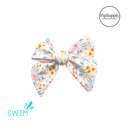 Multi pastel floral on white swimsuit bow strips