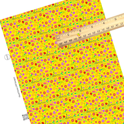 Bright floral scattered on bright yellow faux leather sheets