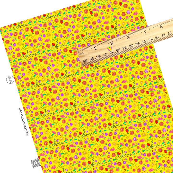 Bright floral scattered on bright yellow faux leather sheets