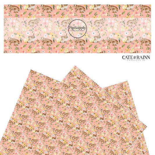 Hopping brown bunnies and yellow chicks with yellow and pink flowers on pink faux leather sheets