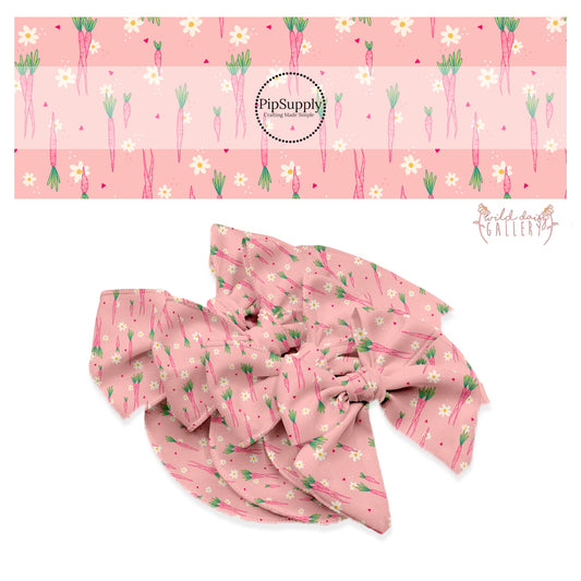 pink carrots, cream flowers, and polka dots on pink bow strips