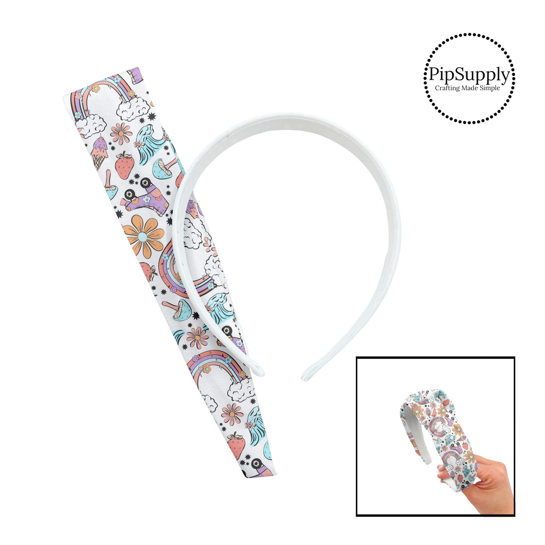 Flowers, fruit, shrooms, rainbows, skates, ocean waves, and ice cream on white knotted headband