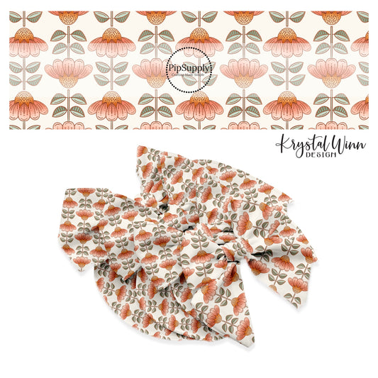 rows of upside down peach sunflowers on cream bow strips