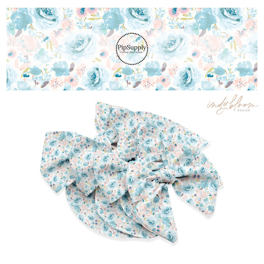Watercolor blue and pink flowers on white bow strips