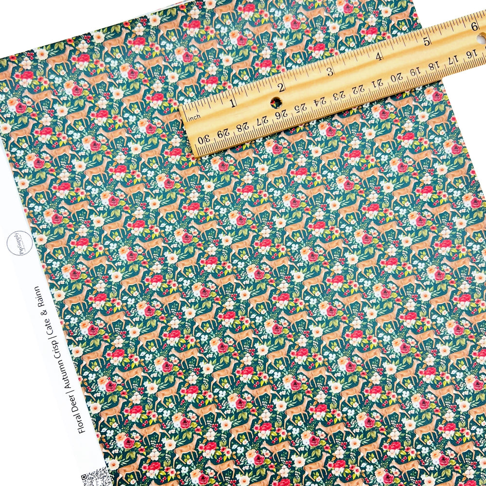 pretty deer and flowers on forest green faux leather sheet