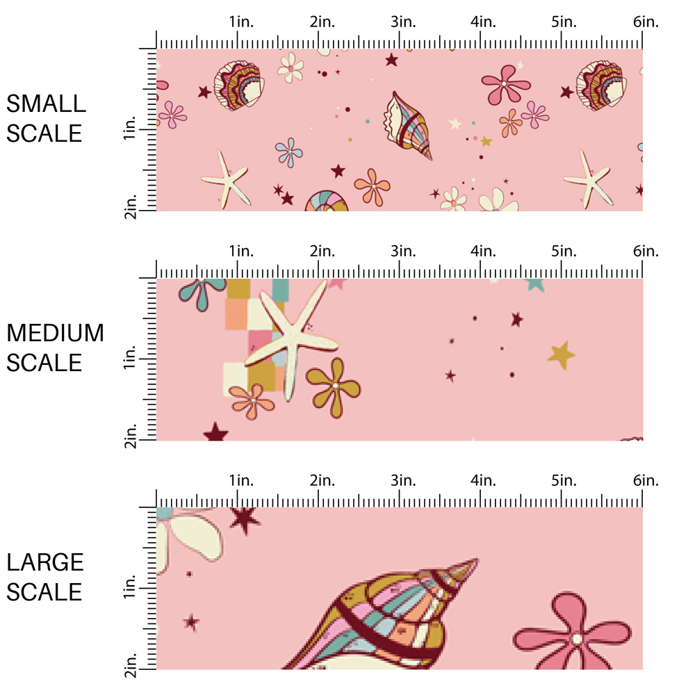 This image has three fabric scales of small, medium, and large scale for the retro multi colored shells and flowers fabric. 