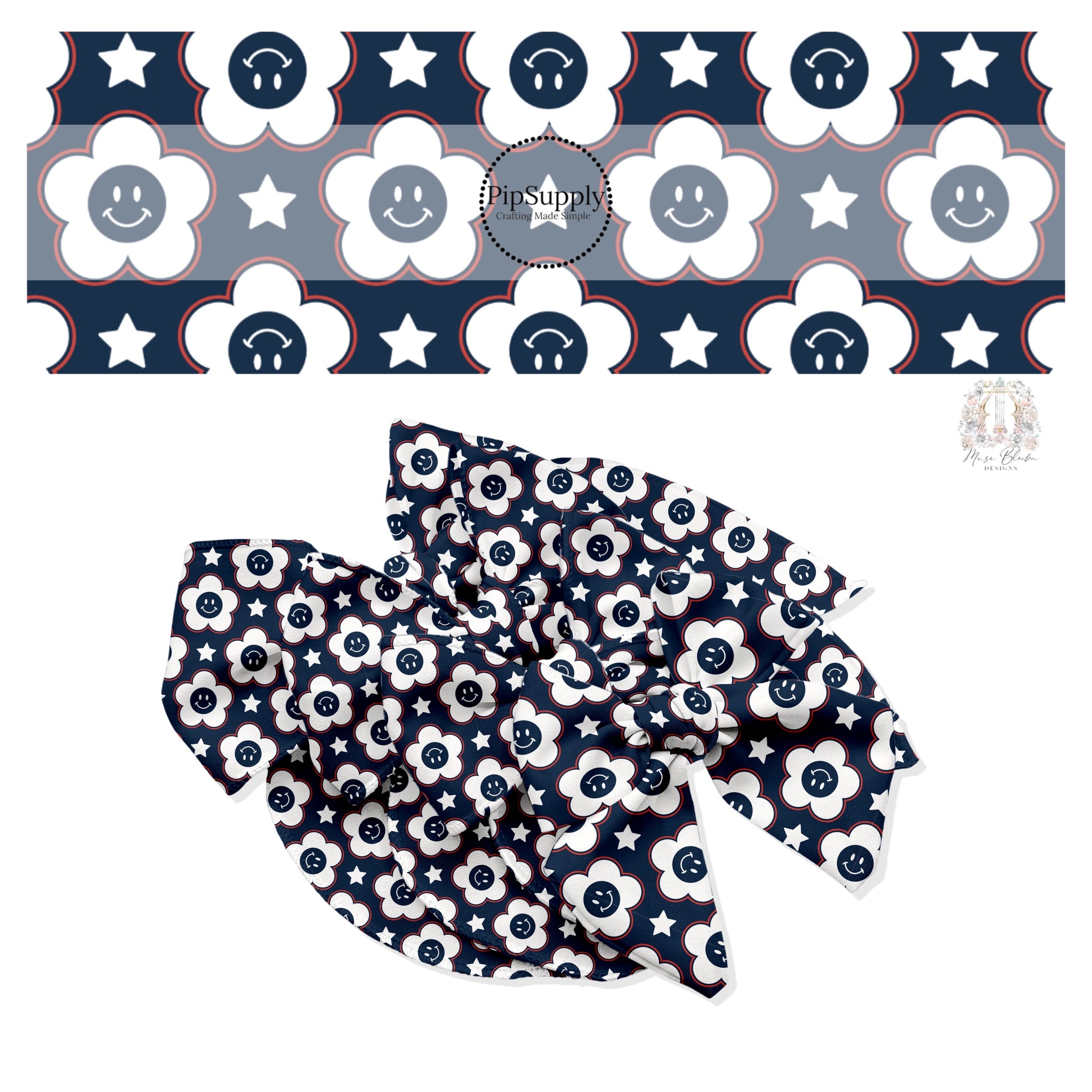 Red outlined white flowers with navy smiley face and white stars on navy bow strips