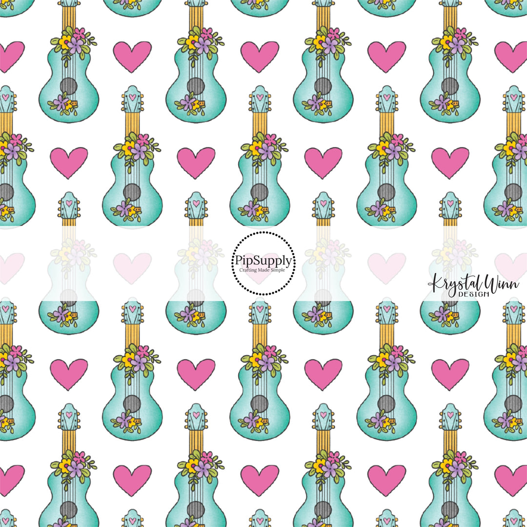 Multi flowers on turquoise guitars and pink hearts on white bow strips