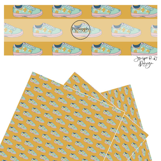 Yellow and white flowers on aqua and pink shoes on mustard faux leather sheets