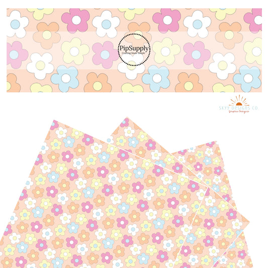 White, blue, pink, orange, and yellow flowers on peach faux leather sheets