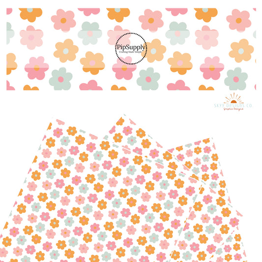Orange, pink, and blue flowers on white faux leather sheet