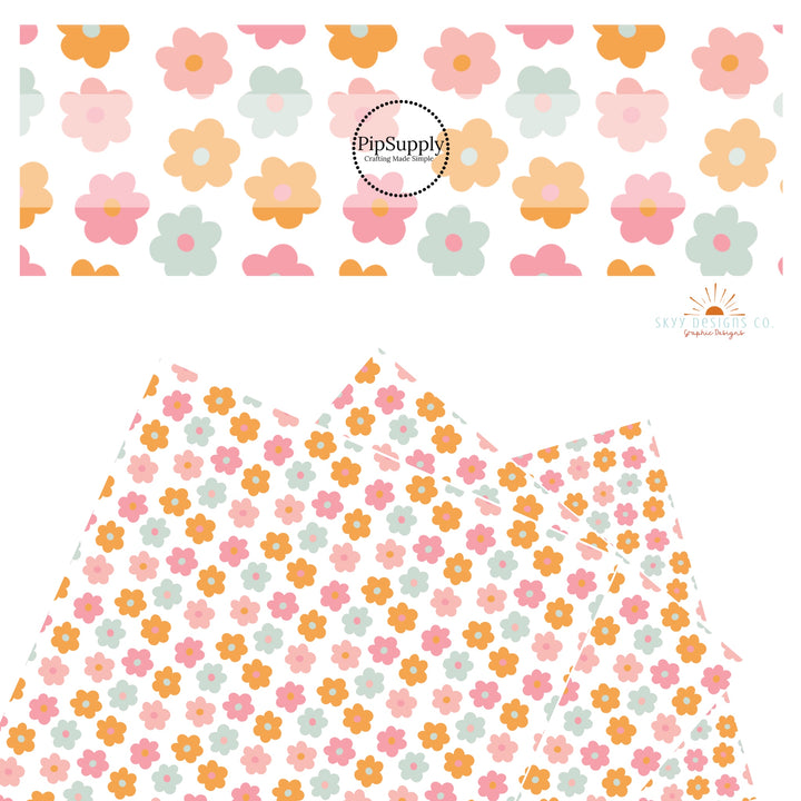 Orange, pink, and blue flowers on white faux leather sheet