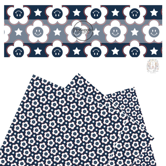 White flowers with navy smiley faces with white stars on navy faux leather sheets