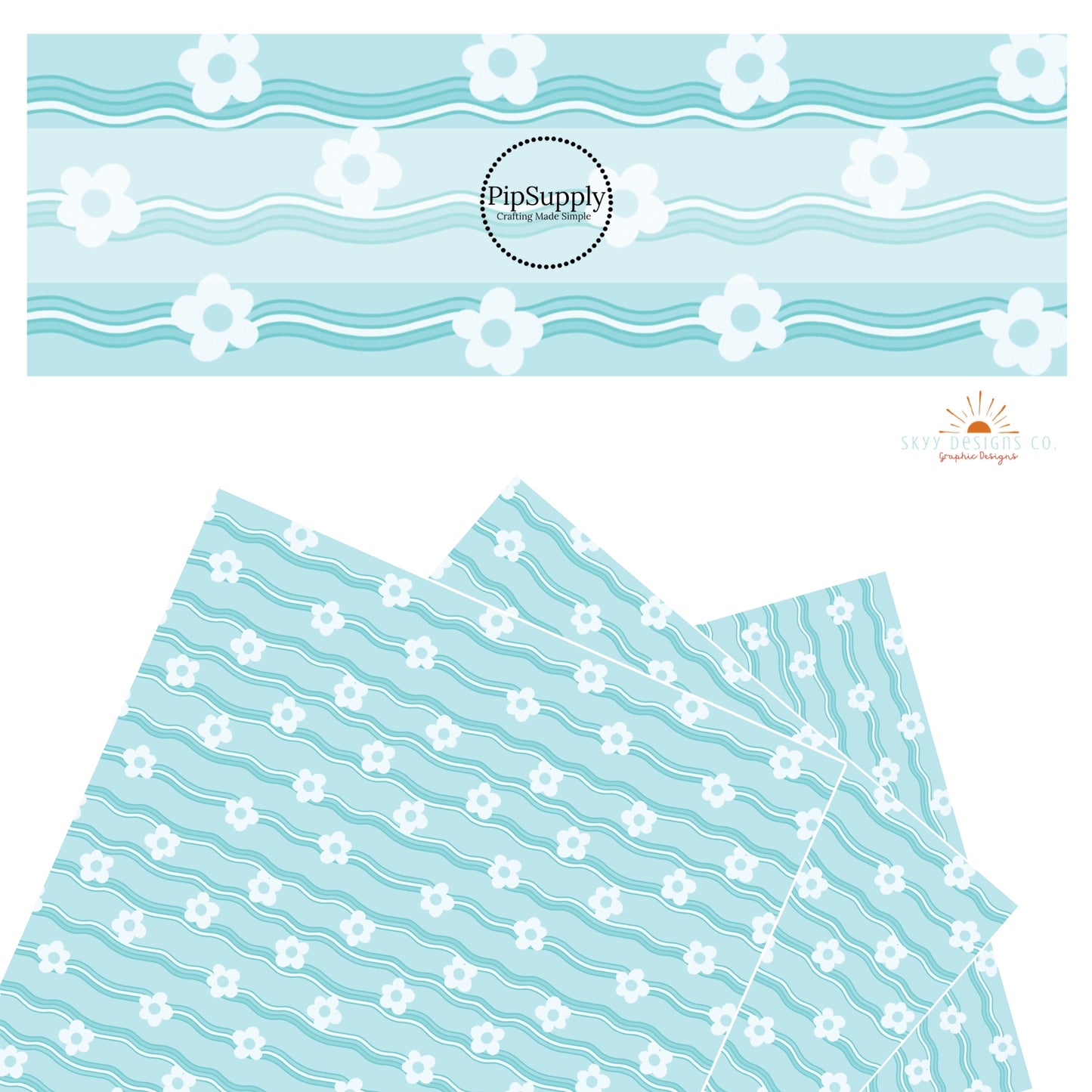 White flowers on cyan blue wave faux leather sheet