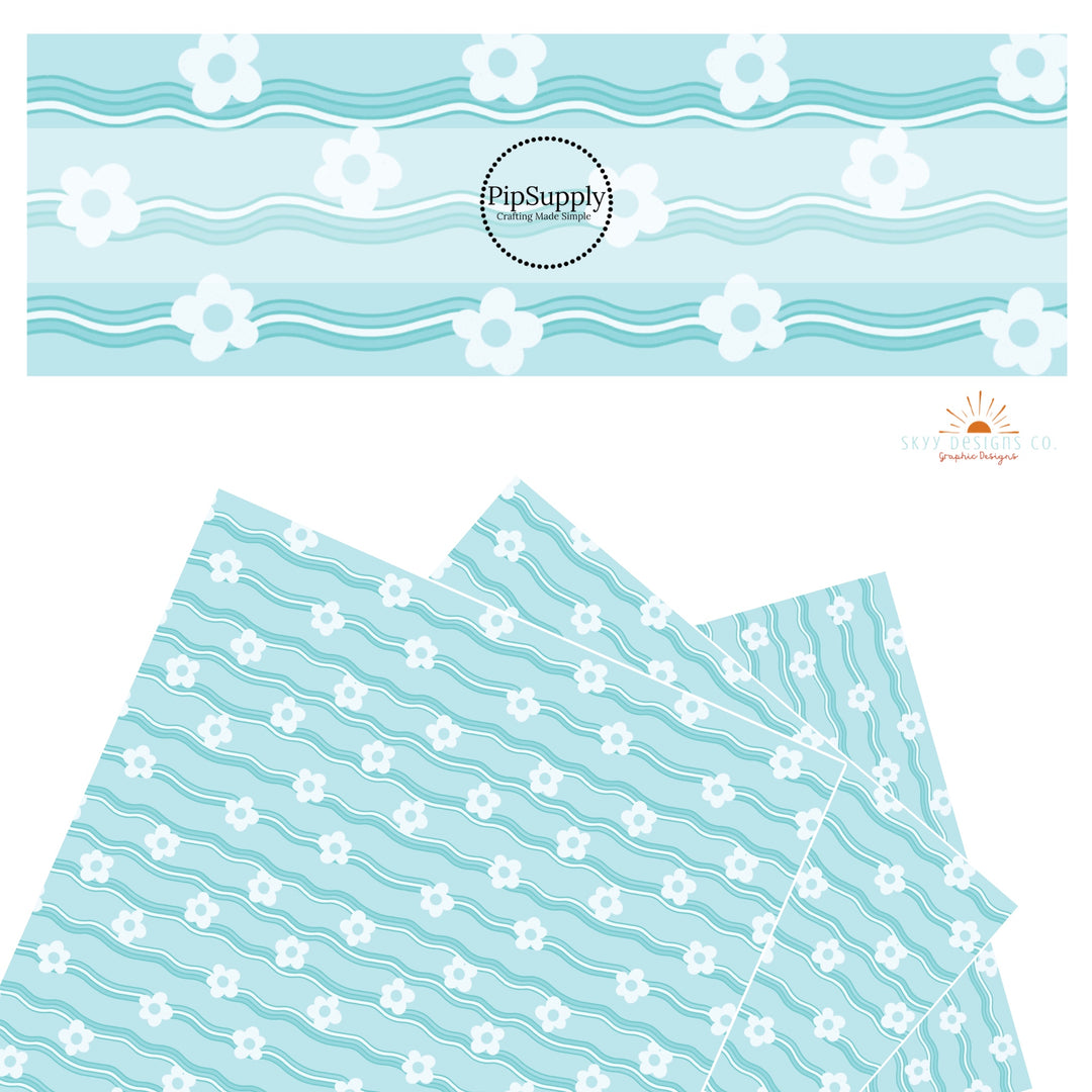 White flowers on cyan blue wave faux leather sheet