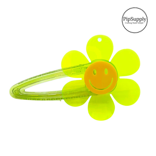 Fluorescent green flower with smiley face hair clip