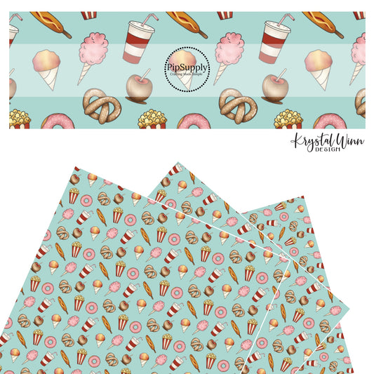 Pretzels, cotton candy, candy apple, drinks, corn dogs, snow cone, popcorn, and donuts on aqua faux leather sheets