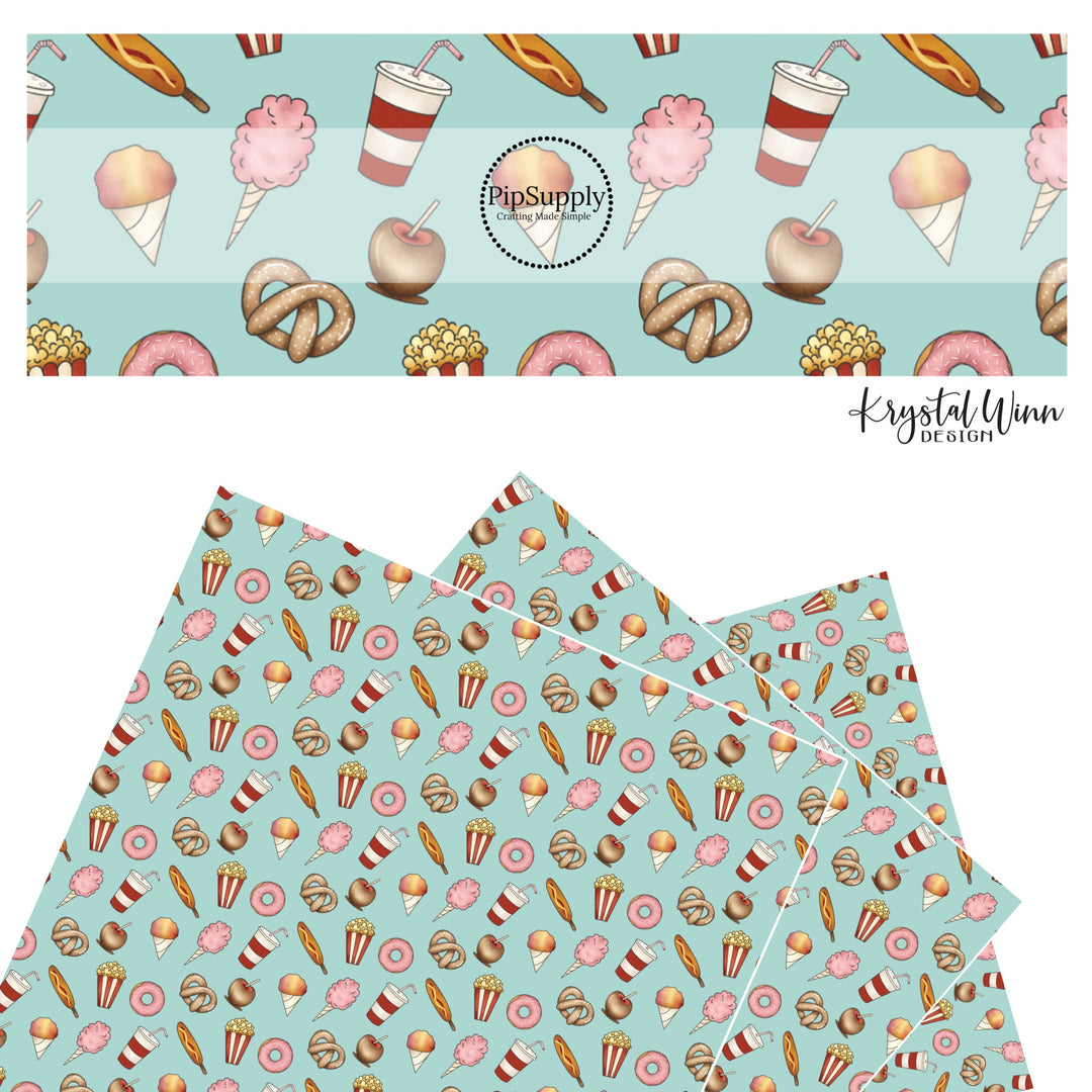 Pretzels, cotton candy, candy apple, drinks, corn dogs, snow cone, popcorn, and donuts on aqua faux leather sheets