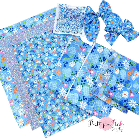 Glass Slipper princess collection of fabrics, faux leather, glitter clay mix, hair bows, and glitter sheet, and heat transfer vinyl.