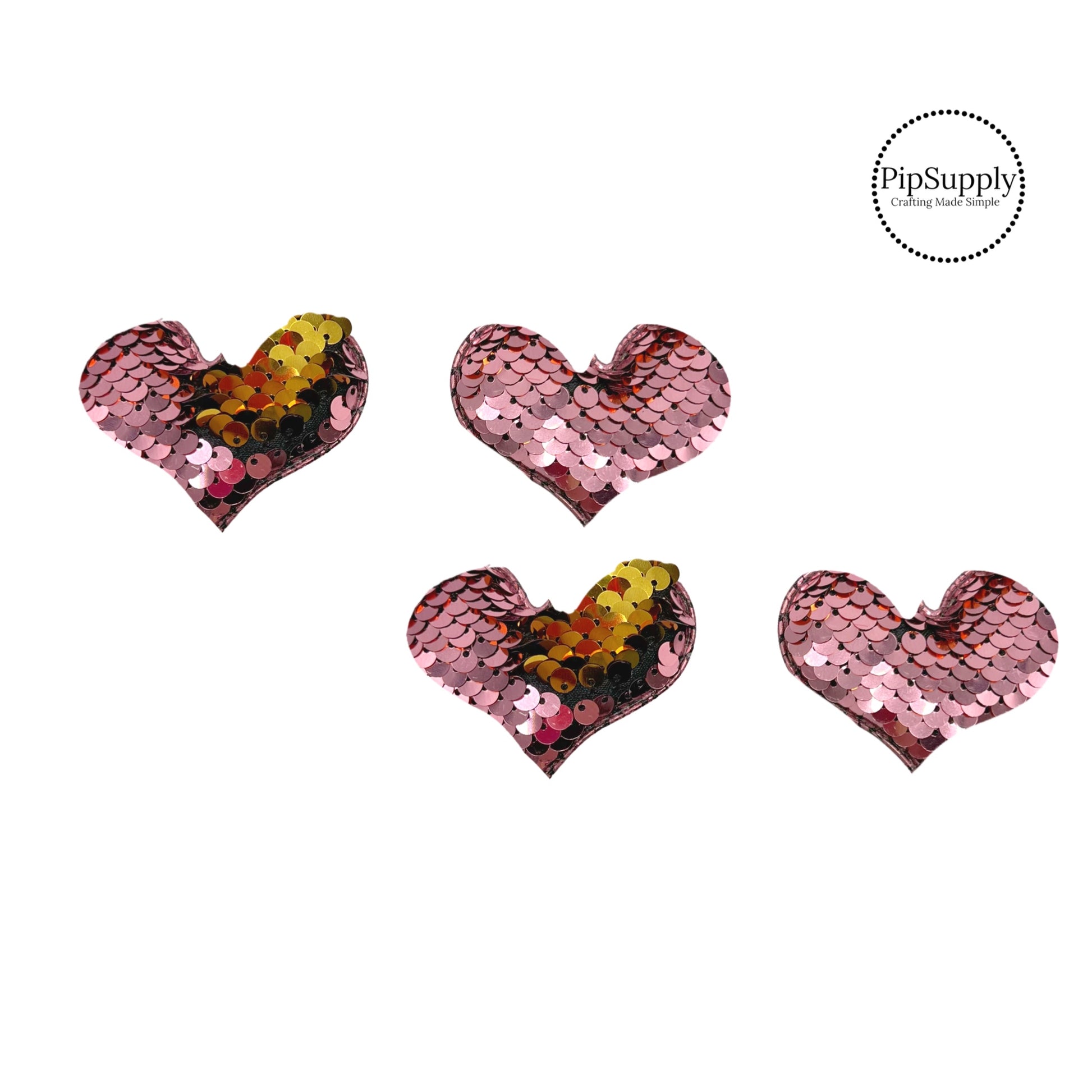 two and a half inch wide gold and light pink reversible sequin heart embellisment