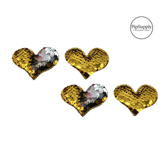 two and a half inch wide gold and silver reversible sequin heart embellisment