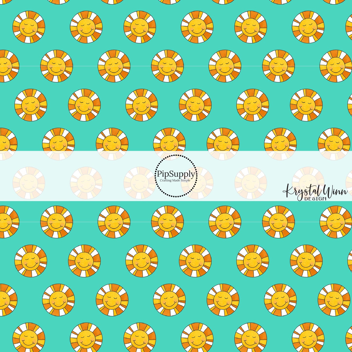 Gold and white sun rays on happy sunshine on turquoise fabric by the yard