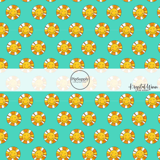 Gold and white sun rays on happy sunshine on turquoise fabric by the yard