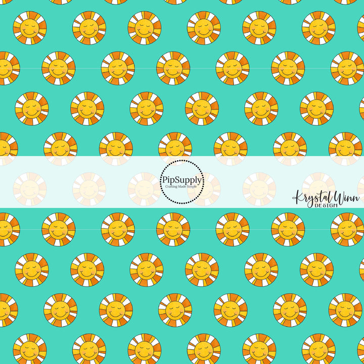 Gold and white sun rays on happy sunshine on turquoise fabric by the yard