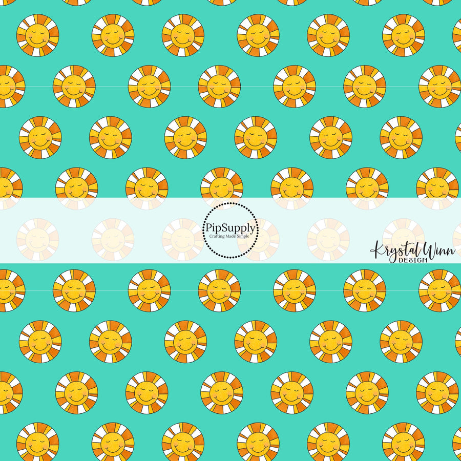 Gold and white sun rays on happy sunshine on turquoise fabric by the yard