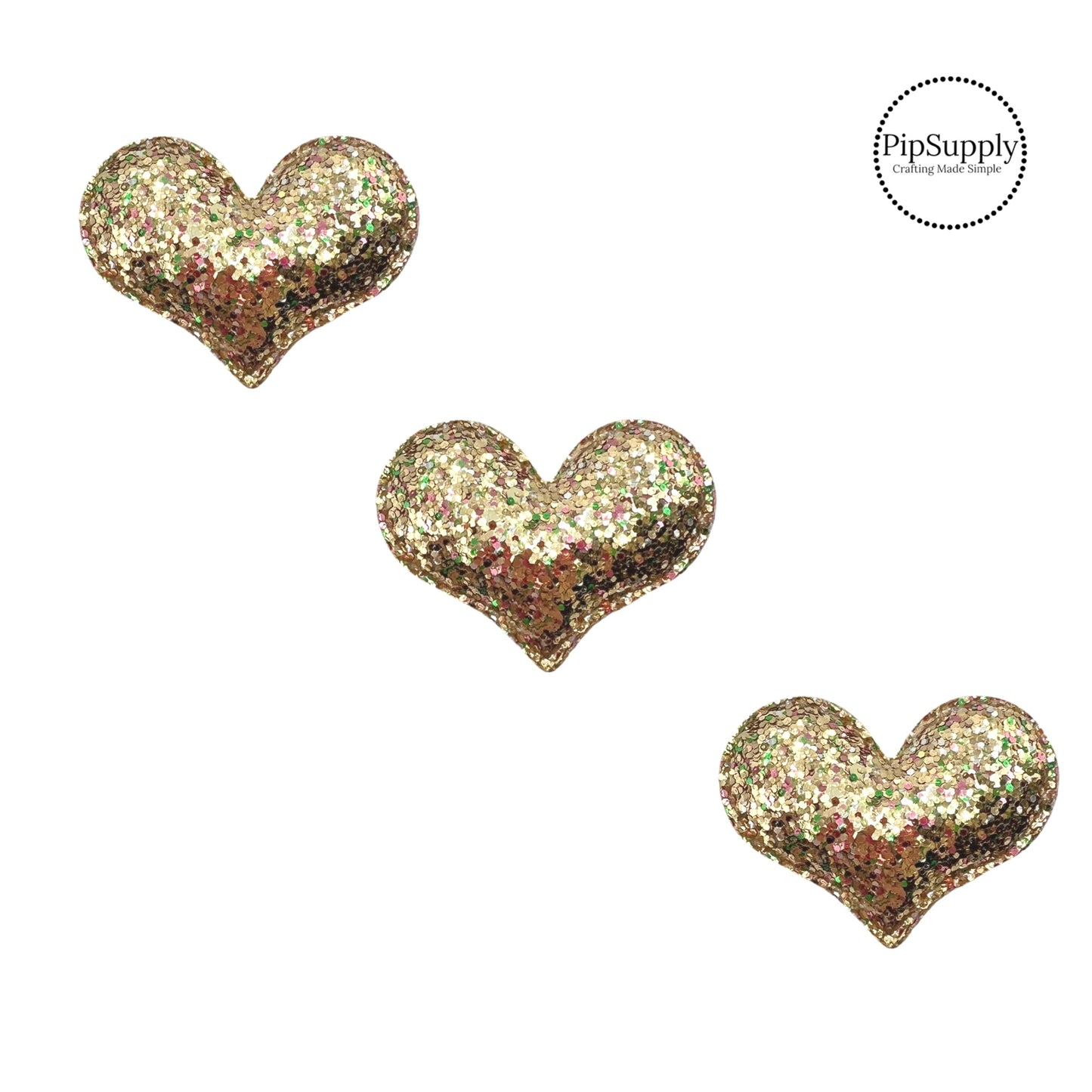 gold glitter with other color specs on a two inch padded heart embellishment