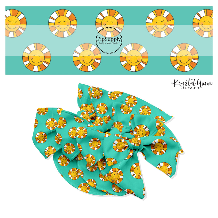 Multi orange with white happy sunshines on turquoise bow strips