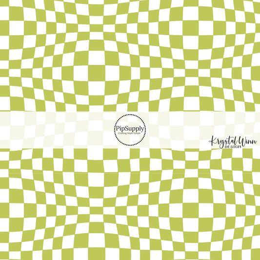 Wavy lime green and white checkered fabric by the yard