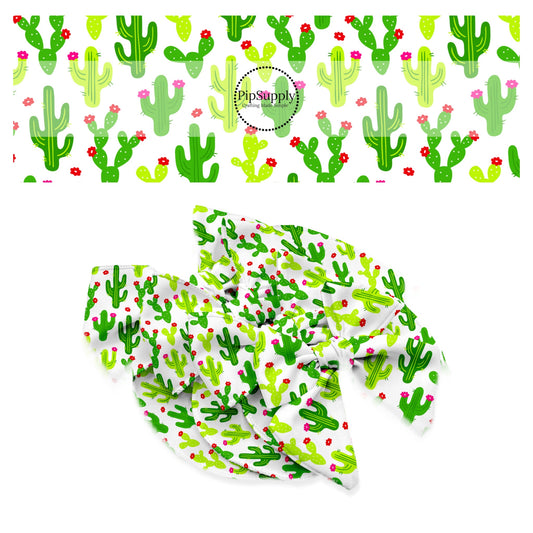 Red and hot pink floral on multi bright green cacti bow strips