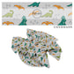 Teal, orange, and green different dinos with gray tracks  on gray bow strips