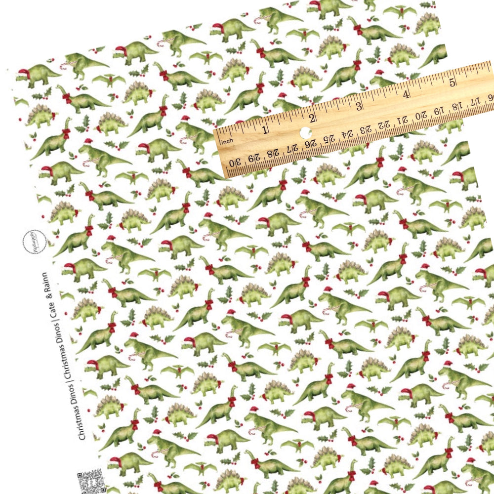 christmas themed faux leather sheet with different kinds of dinosaurs dressed for the holidays