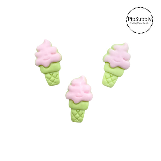 Pink swirly ice cream on a green cake cone resin embellishment