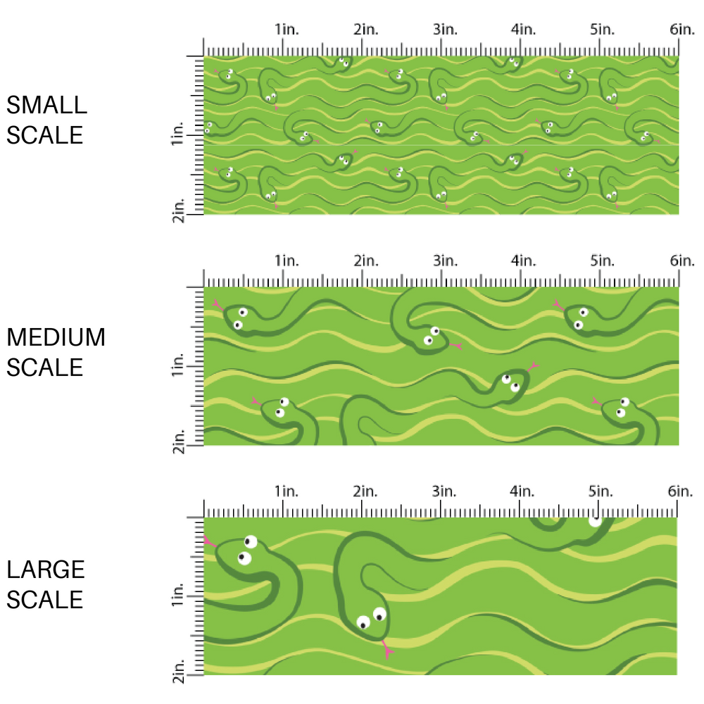 Green snakes animated snakes on green and yellow fabric by the yard. scaled image guide