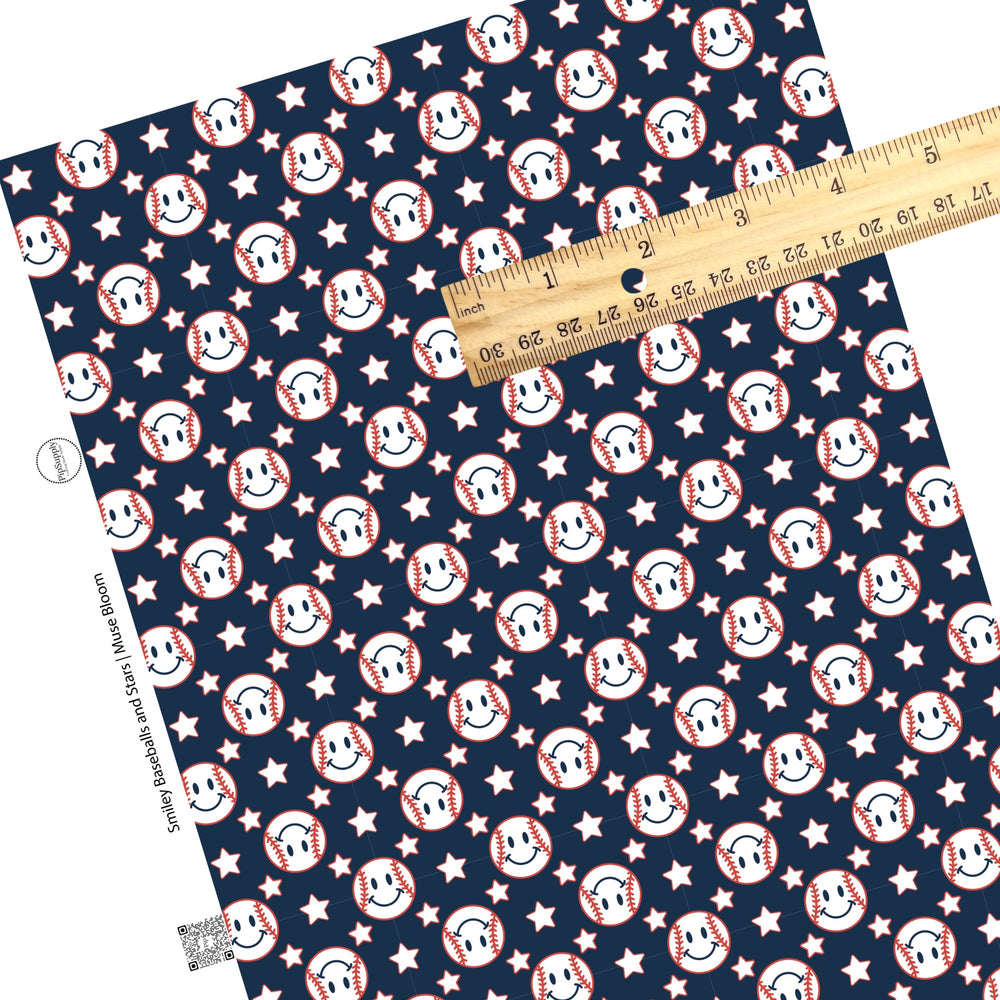 White stars and happy baseballs on navy faux leather sheets