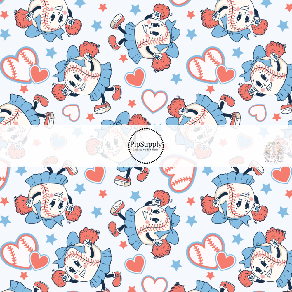 Stars. baseball hearts, baseball cheerleadeer on light blue bow strips