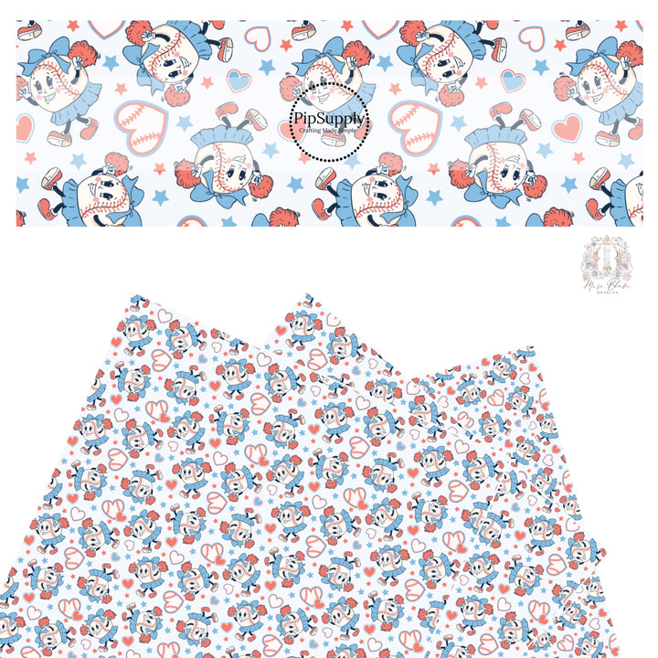 Baseball cheerleaders, baseball hearts, and stars on light blue faux leather sheets