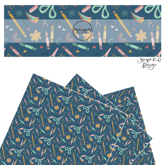 Rainbows, shooting stars, school supplies, flowers, and hearts on navy faux leather sheets