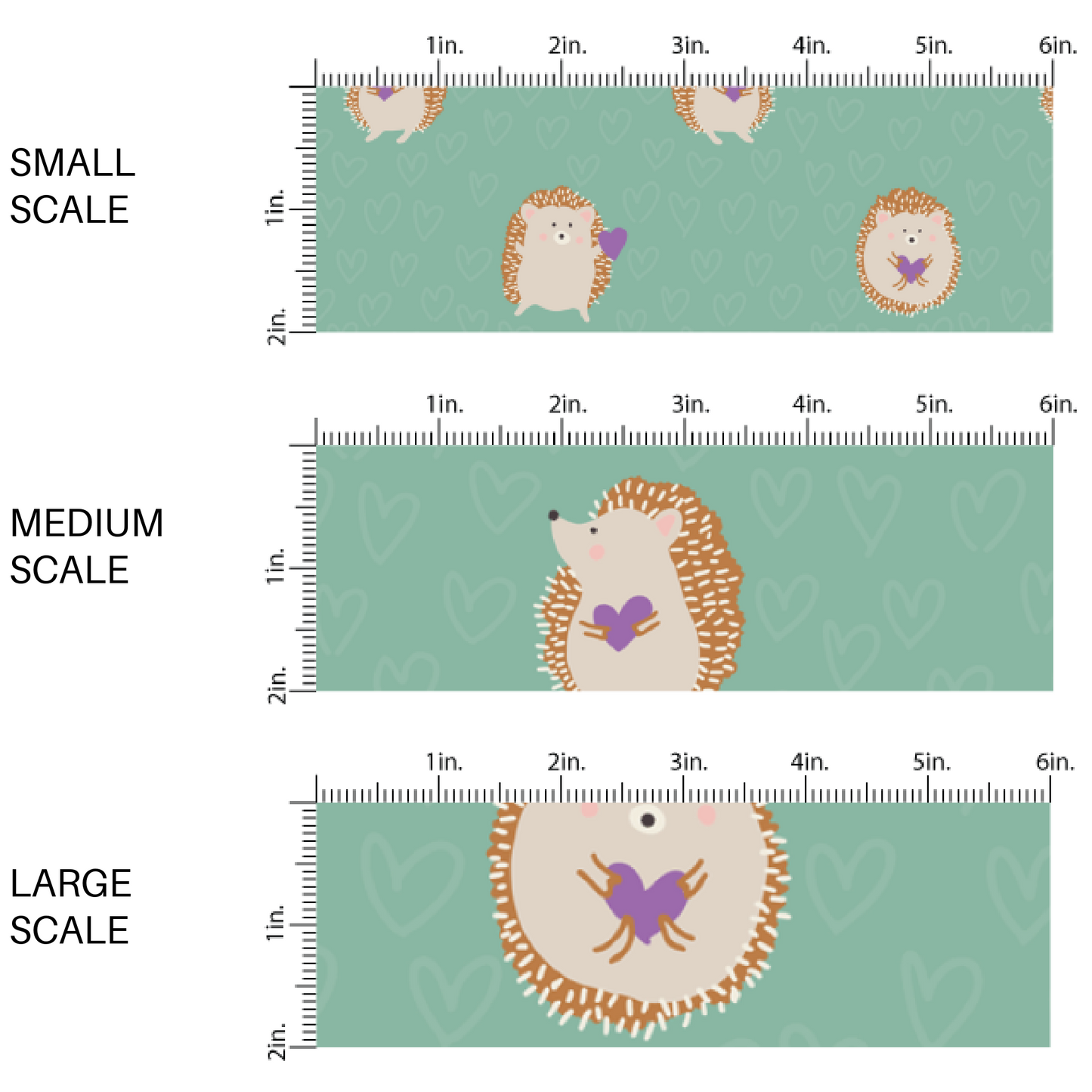 Light Aqua Fabric By the yard image guide with purple hearts and hedgehogs