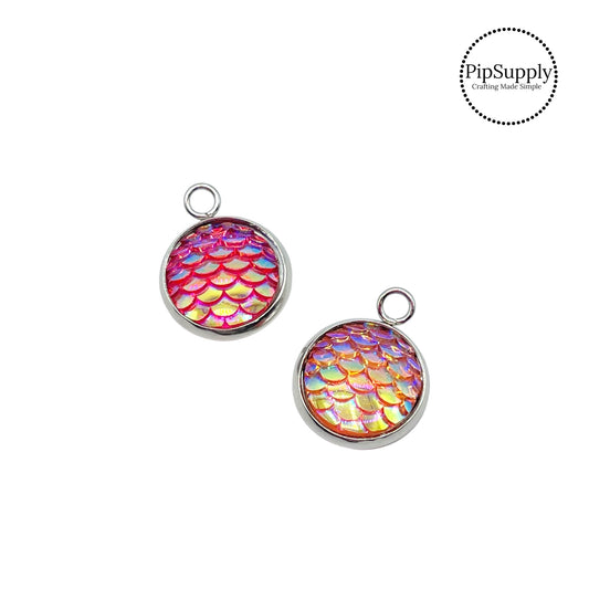 Iridescent hot pink mermaid scale charms with flat silver back and charm hook
