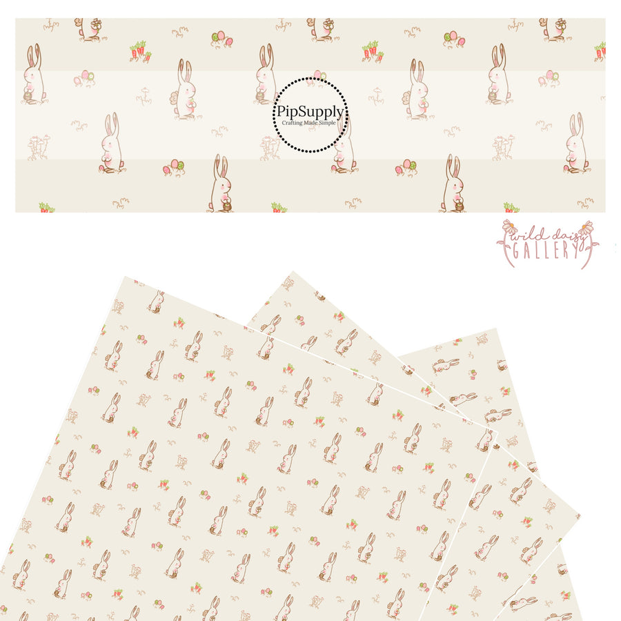 cream bunnies, easter eggs, and flowers on cream faux leather sheets